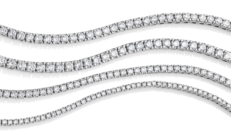 Four Diamond Tennis Bracelets Strands With Different Stone Sizes. 