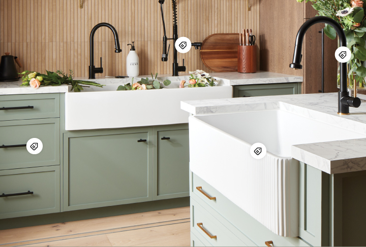 Ridgeway Dual Tone Kitchen Faucet in Matte Black and Brushed Gold, Levi Spring Spout Kitchen Faucet in Matte Black, Easley Farmhouse Kitchen Sink