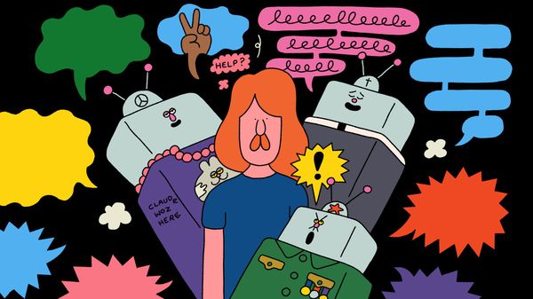 An illustration of a person receiving advice from three different chatbots, leaving them confused about which guidance to follow.