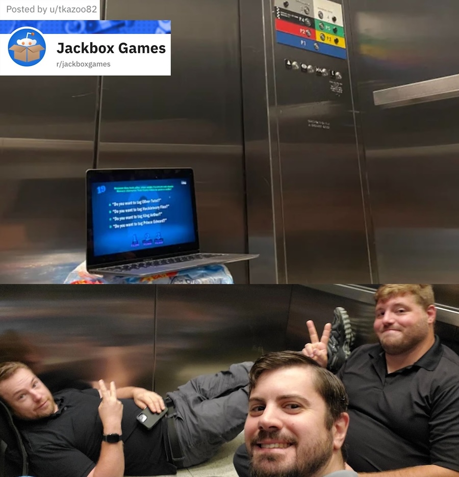 3 people playing You Don't Know Jack while trapped in an elevator