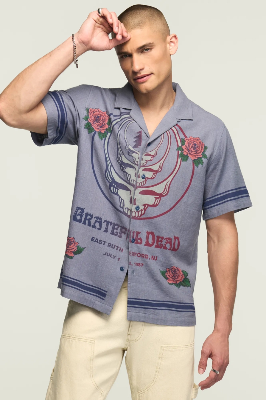 Image of Lucky Brand Short Sleeve Grateful Dead Printed Shirt - Men's Clothing Outerwear Shirt Jackets in Blue Blush