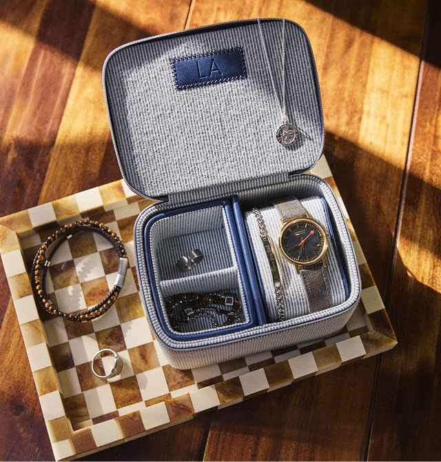 Men's Blue Stripe Rectangular Travel Jewellery And Watch Case