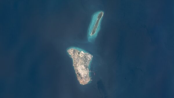 Processed and enhanced Sentinal-2 satellite imagery shows Kharg Island and nearby Khargu Island in the Persian Gulf. 