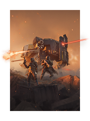 Art for HELLDIVERS 2 depicting an Exosuit Combat Walker to promote the Exo Experts Warbond.