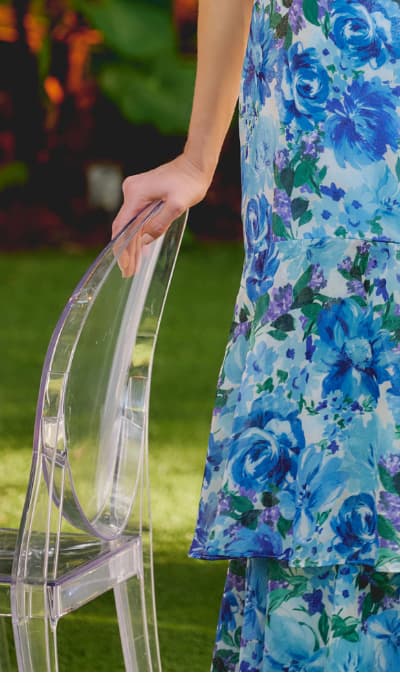 Tiered Metallic Floral Chiffon Halter Gown In Blue Multi