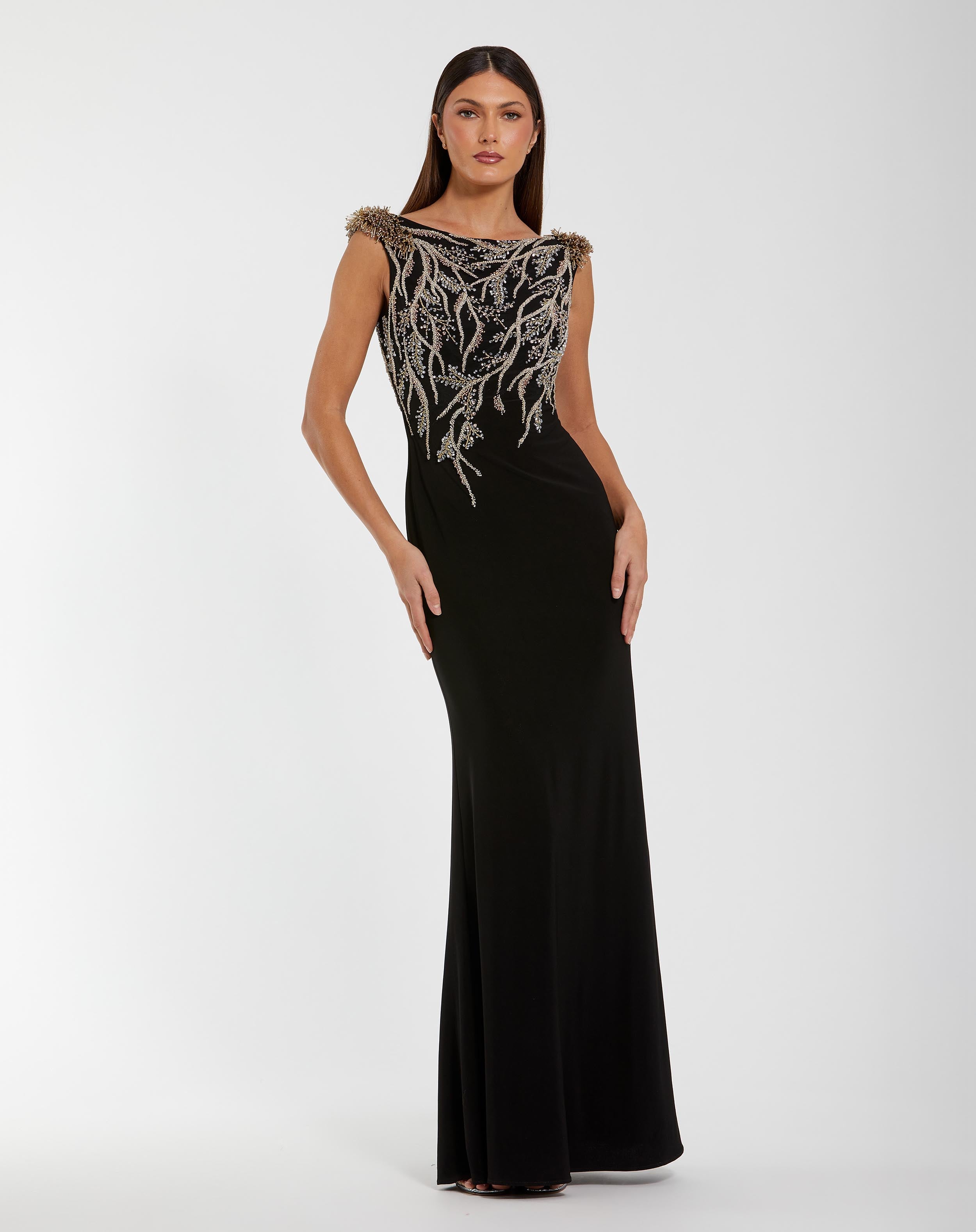 Image of Black Hand Beaded Cap Sleeve Jersey Gown