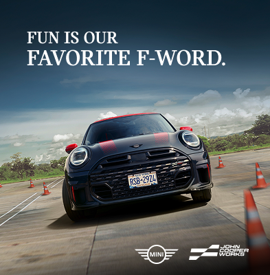 A John Cooper Works Hardtop appears in motion, navigating a test track.