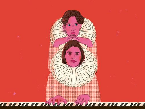 Two people with ruffled collars playing a piano