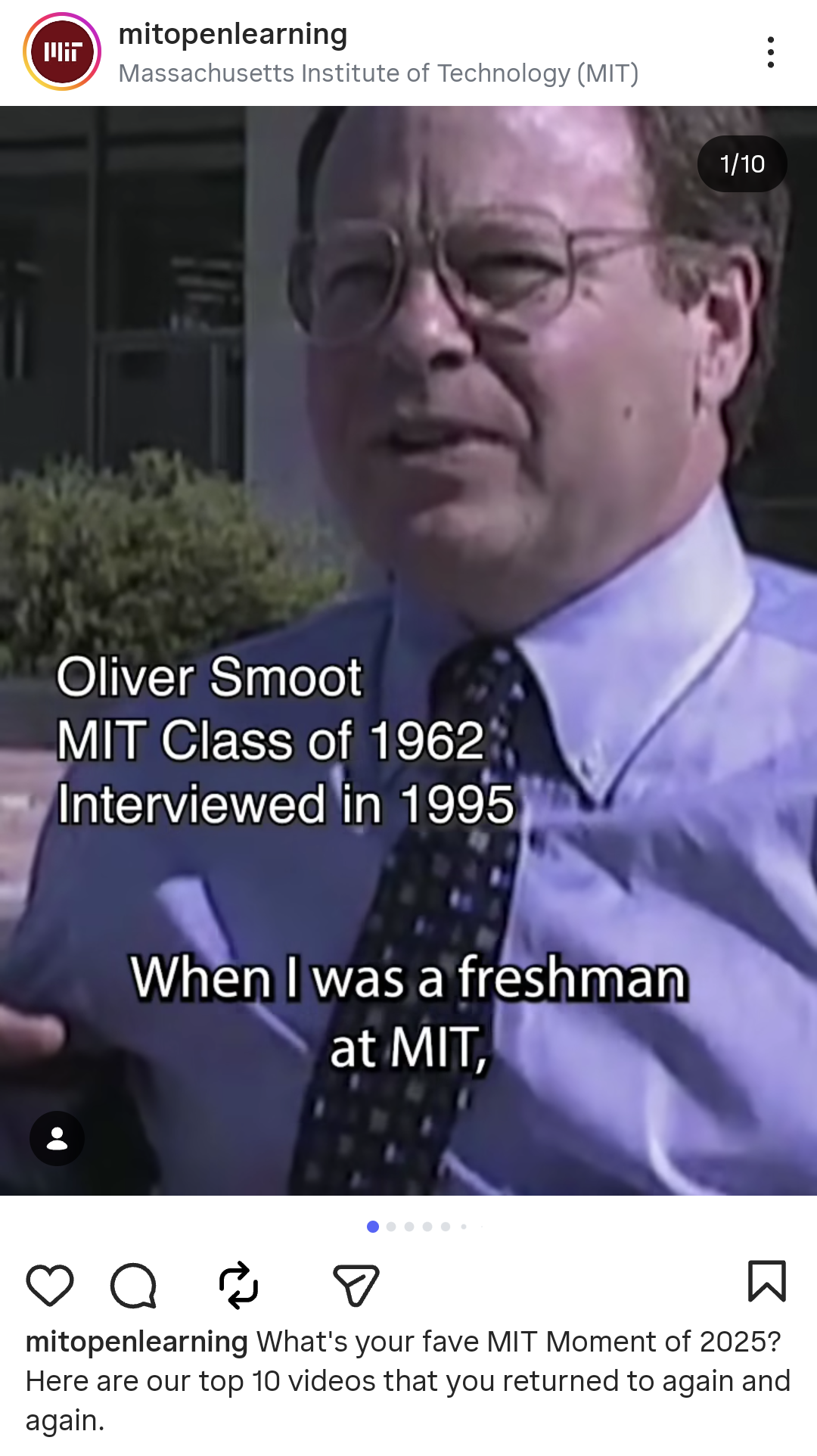 Oliver Smoot giving an interview in 1995 with the text “Oliver Smoot: MIT Class of 1962 — Interviewed in 1995” and “When I was a freshman at MIT.” Text via @‌mitopenlearning: What’s your fave MIT Moment of 2025?