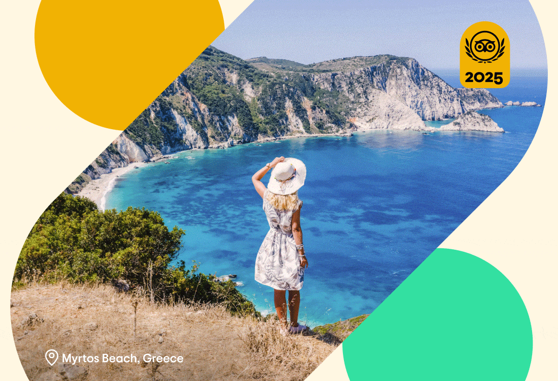Image Description: A rotating GIF featuring popular beaches around the world including Myrtos Beach in Greece, Reynisfjara Beach in Iceland, and Bondi Beach in Australia—with a gold 2025 Travelers’ Choice Awards Best of the Best badge on top of each image.
