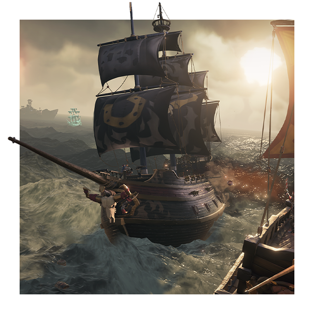 Key art for Sea of Thieves depicting a ship being tossed on the waves with a ghost ship and an island in the distance.