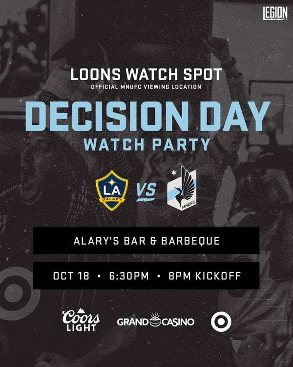 Decision Day Watch Party: MNUFC vs. LA Galaxy | 6:30PM Alary's Bar and BBQ