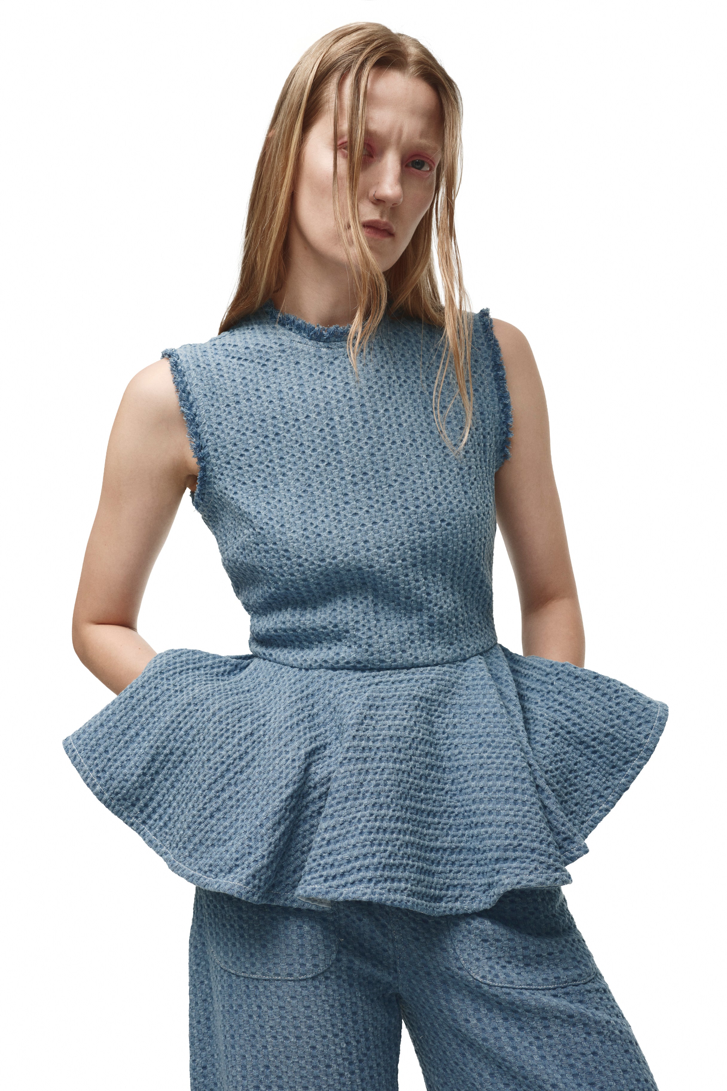 BLUE TWEED DENIM ROUND NECK PEPLUM TOP
