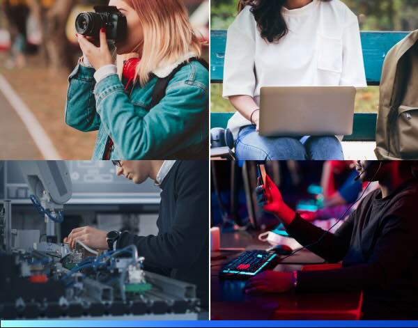 A collage of four different people engaged in various activities, including photography, working on a laptop, engineering, and gaming.