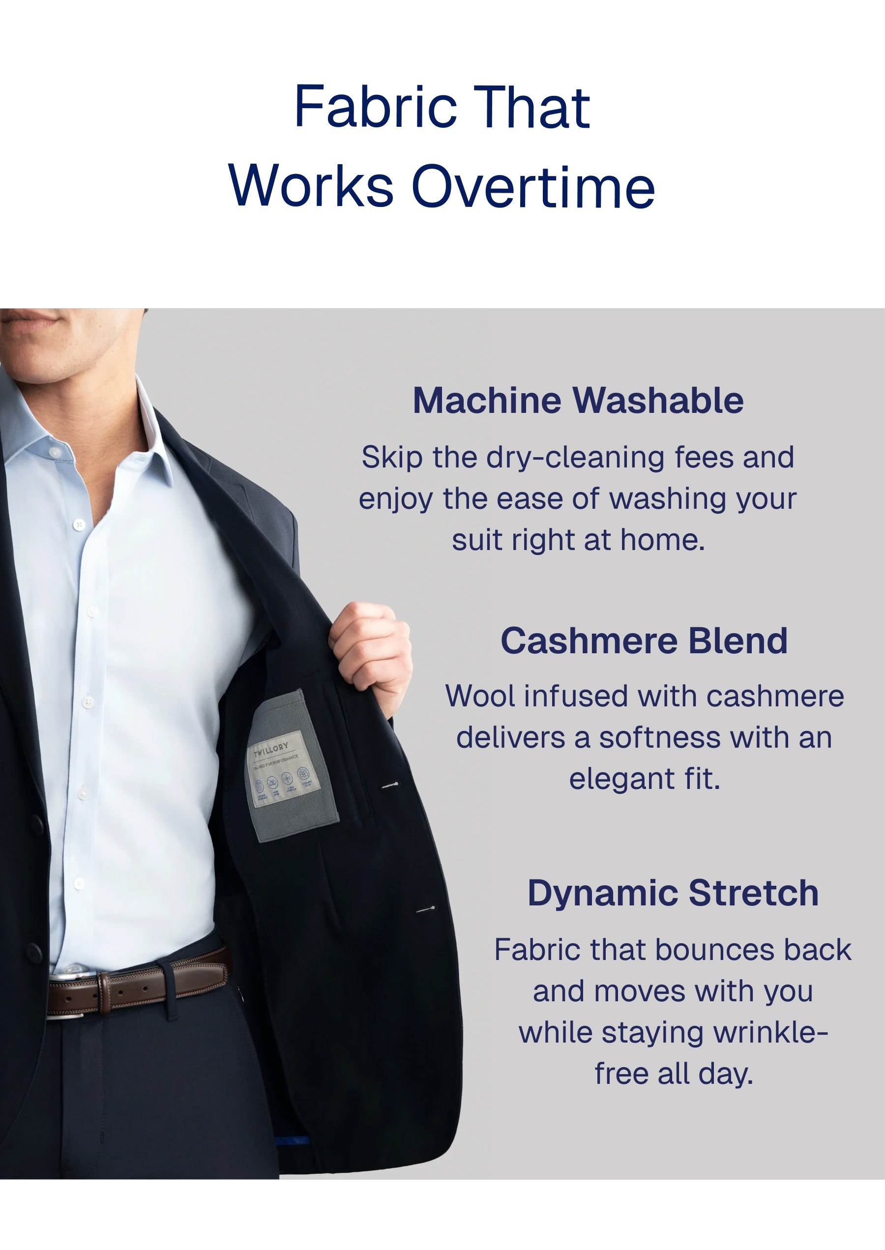 Fabric That Works Overtime | Machine Washable Skip the dry-cleaning fees and enjoy the ease of washing your suit right at home.
