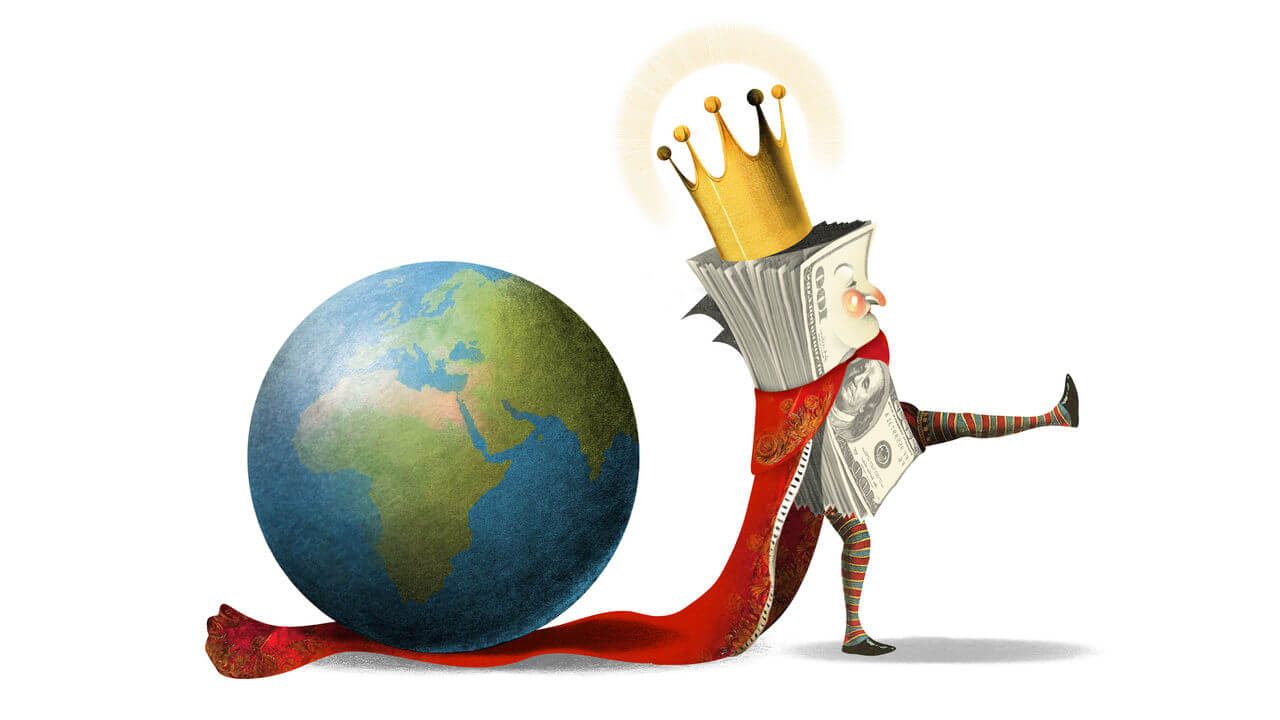 Illustration of an anthropomorphised stack of $100 bills dressed as a king with a robe that the earth is sitting on as he's about to walk away