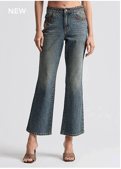 Stretch Denim Whipstitched Embroidered Flare Jeans