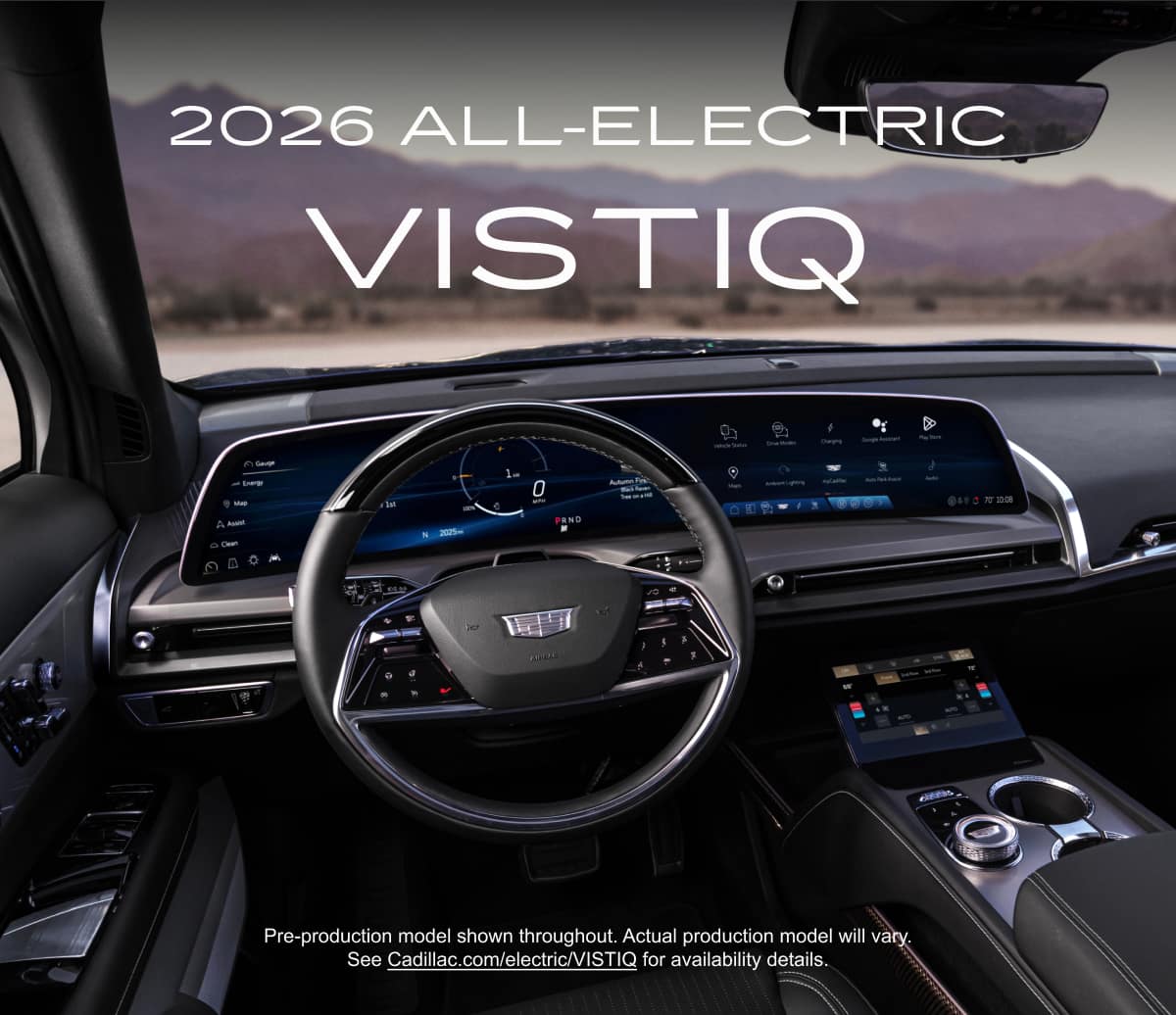 Close-up of the 2026 VISTIQ display screen and dash with the title 2026 All-Electric VISTIQ