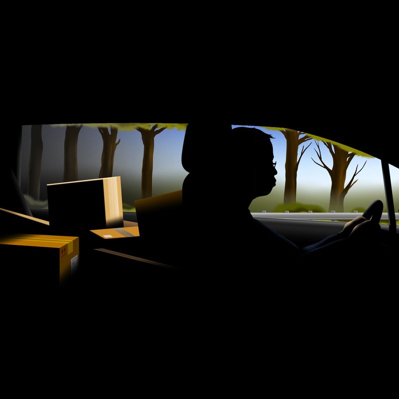 Man driving a car filled with boxes.