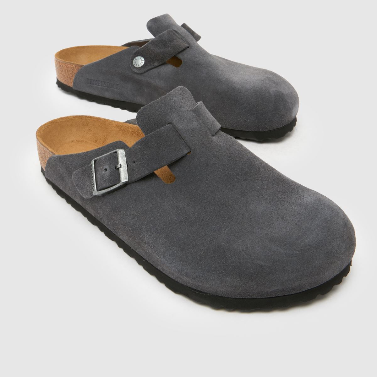 A pair of grey BIRKENSTOCK clogs