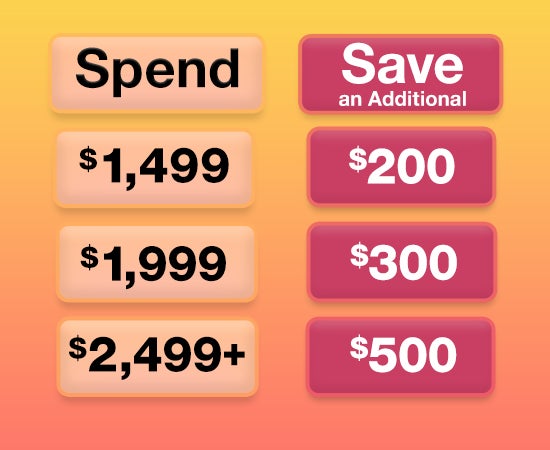 Spend $1499 Save $200 Spend $1999 save $300 spend $2499 save $500 on select appliances