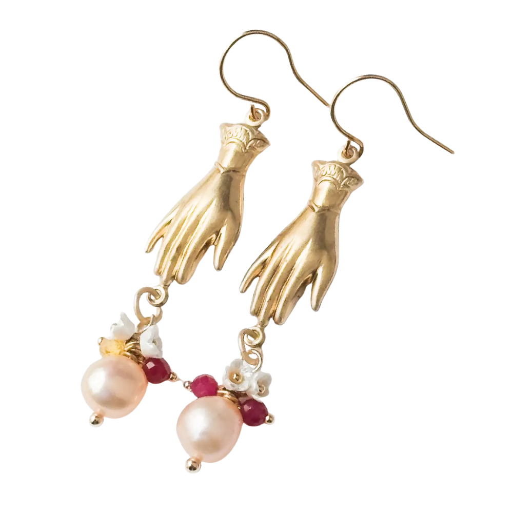 Image of Gold Hand with Pearls and Gemstone Drops Earrings