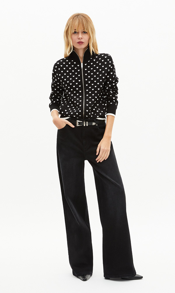 Cardigan zippé imprimé cœurs noir
