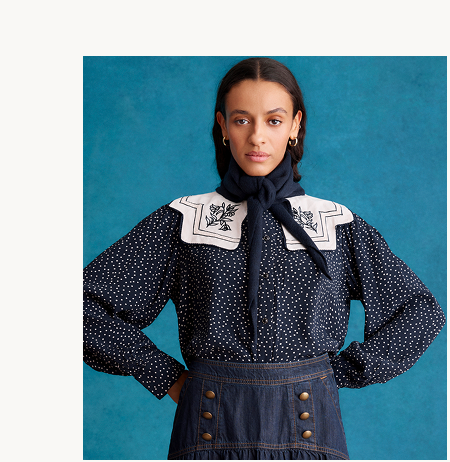 Ivy Embroidered Collar Polka Dot Blouse Blue