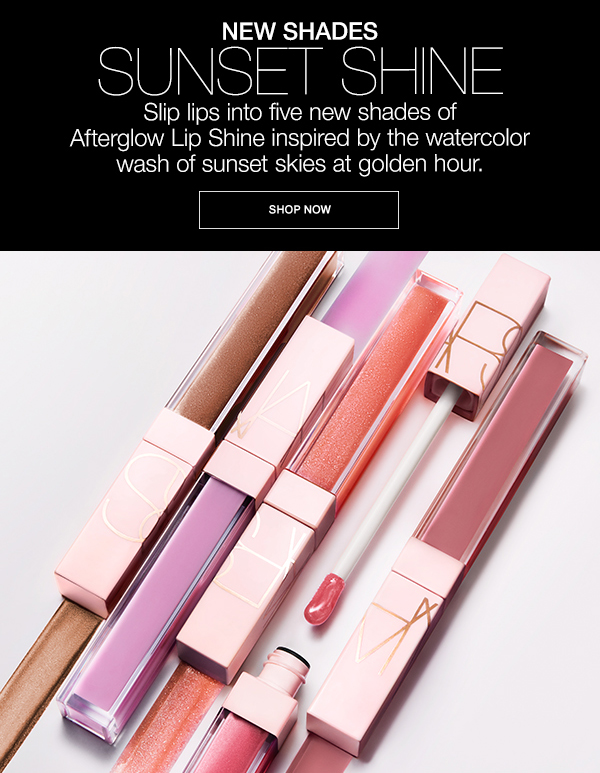 Slip lips into five new shades of Afterglow Lip Shine inspired by the watercolor wash of sunset skies at golden hour.