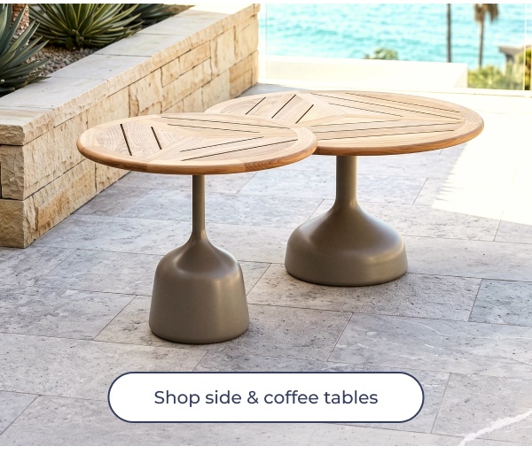 Two wooden outdoor coffee tables. Image Text: Shop side & coffee tables