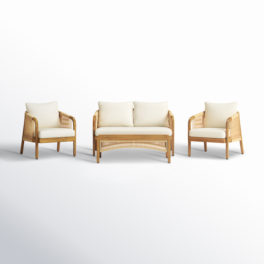 Fiora Outdoor Acacia Wood And Wicker Lounge Seating Group with Cushions