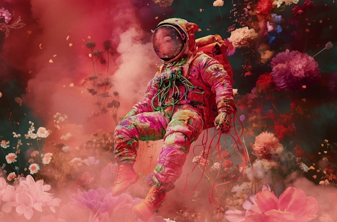 An astronaut in a bright floral suit floats through clouds of pink and green, filled with a variety of flowers.