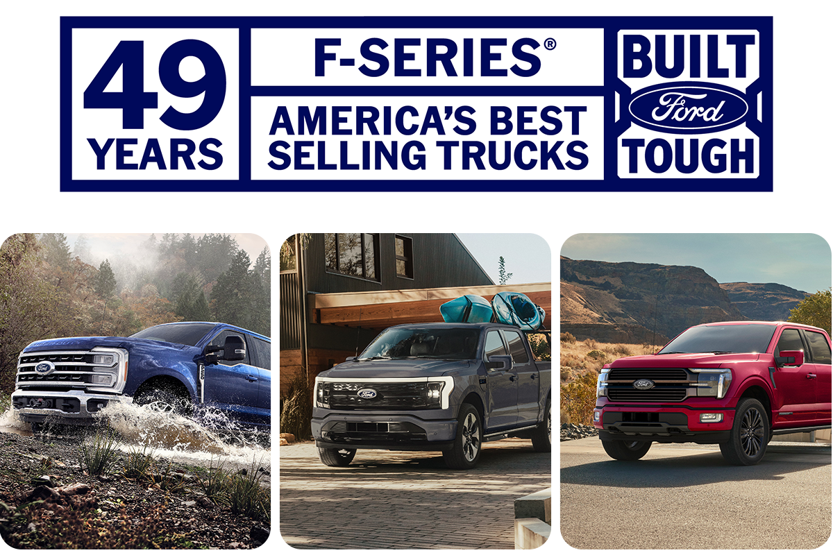 Three Ford pickup trucks equipped for work and adventure along with the words 49 years, F‑Series&reg;, America&rsquo;s best‑selling trucks, Built Ford Tough&reg;