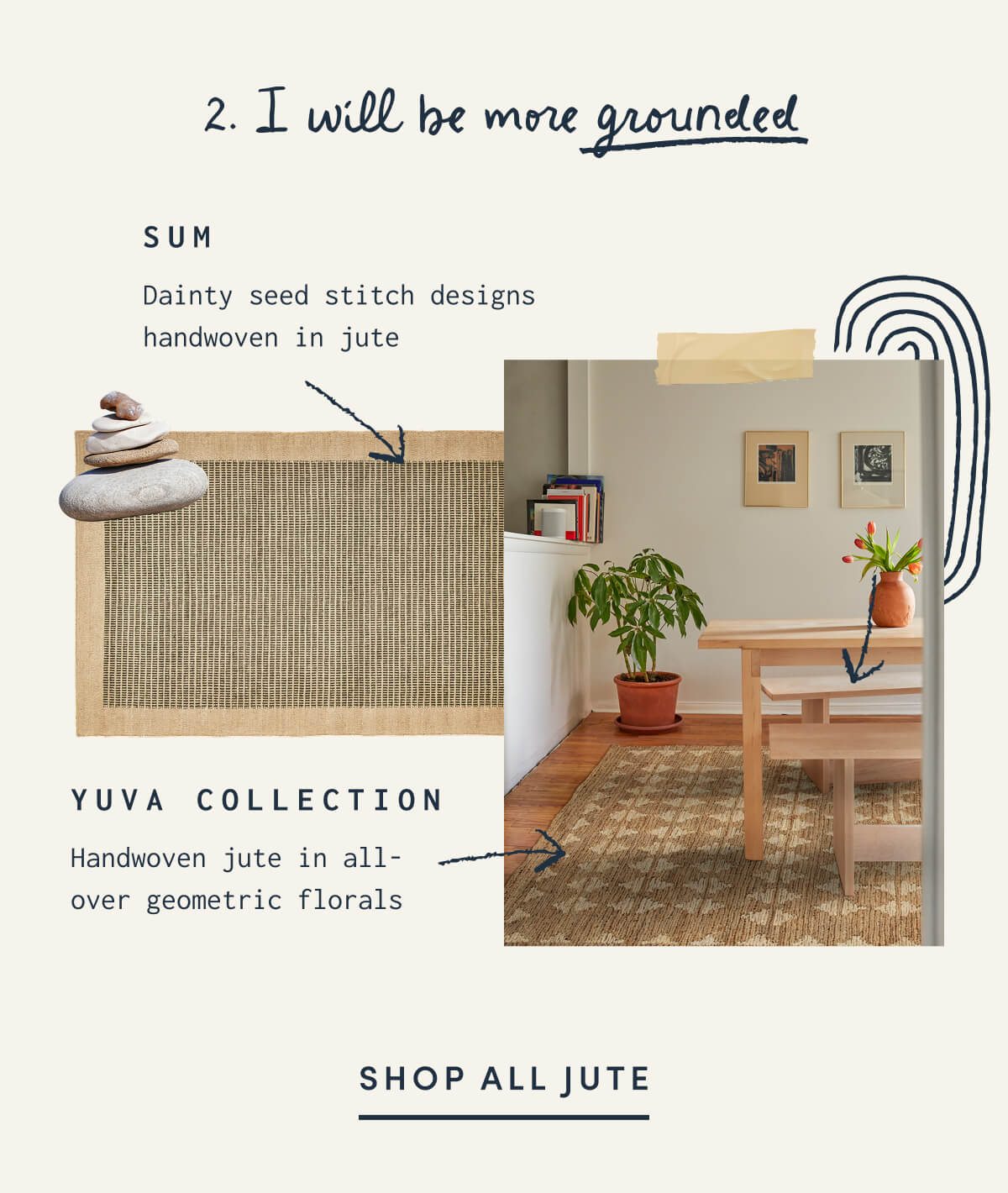 2. I will be more grounded | SUM | Dainty seed stitch designs handwoven in jute | YUVA COLLECTION | Handwoven jute in all-over geometric florals | SHOP ALL JUTE