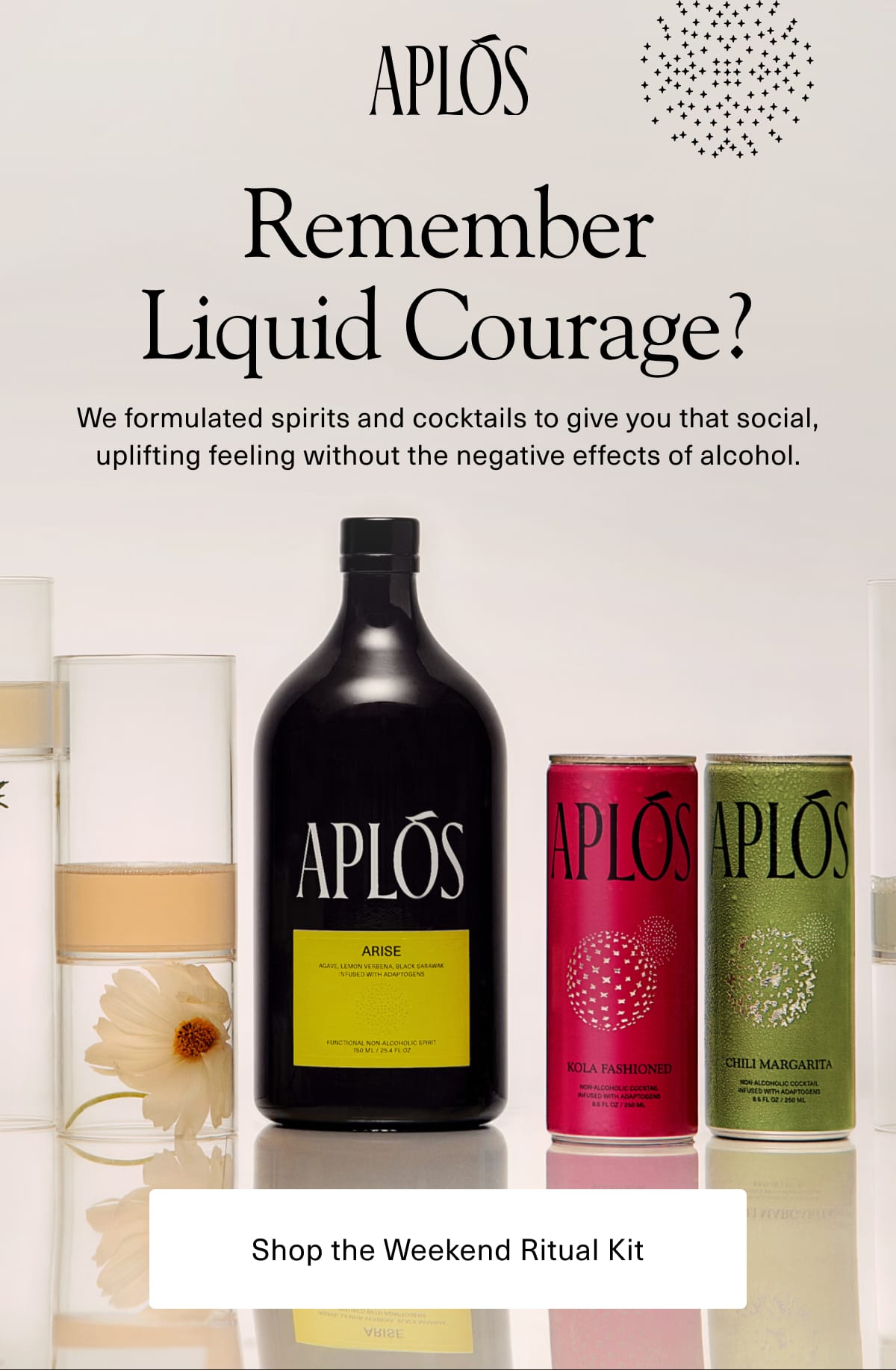 Aplós | Remember Liquid Courage? | We formulated spirits and cocktails to give you that social, uplifting feeling without the negative effects of alcohol. | [ Shop The Weekend Ritual Kit ]