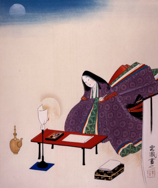 Portrait of Murasaki Shikibu, an author, seated at a writing desk.