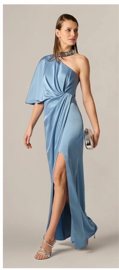 Crepe Back Satin One Shoulder Long Dress In Blue Cloud