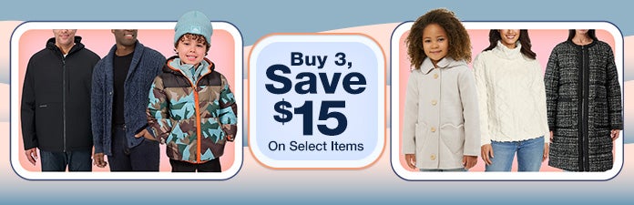 Buy 3, save $15 on select apparel