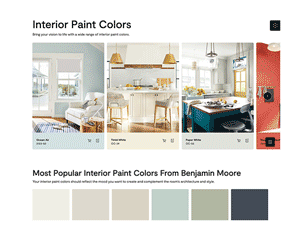 A scroll though Benjamin Moore's Interior Paints page shows imagery and color swatches.