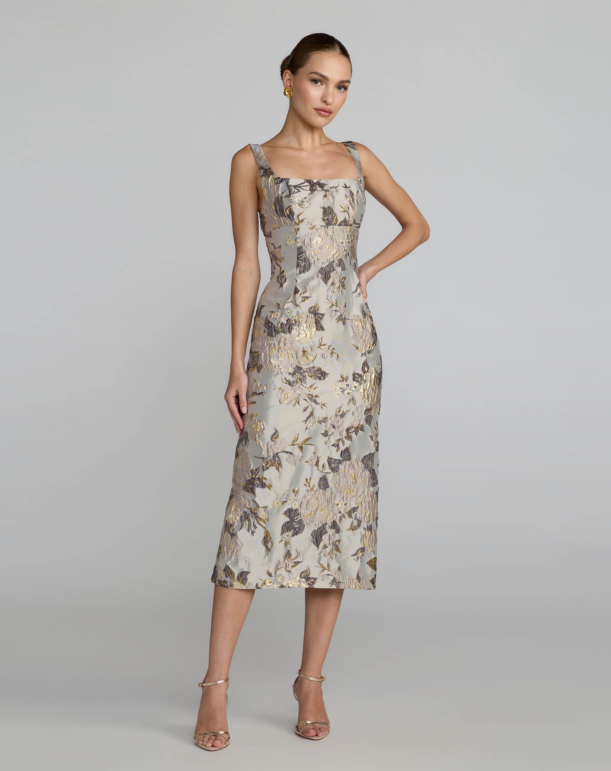 Image of Silver Floral Square Neck Midi Dress
