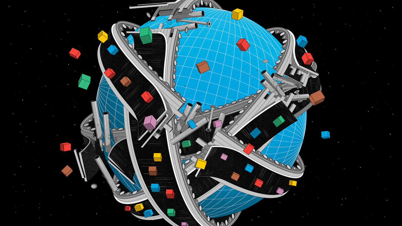 An illustration depicting broken conveyor belts wrapped around the globe, symbolising the fragmentation of global supply chains.