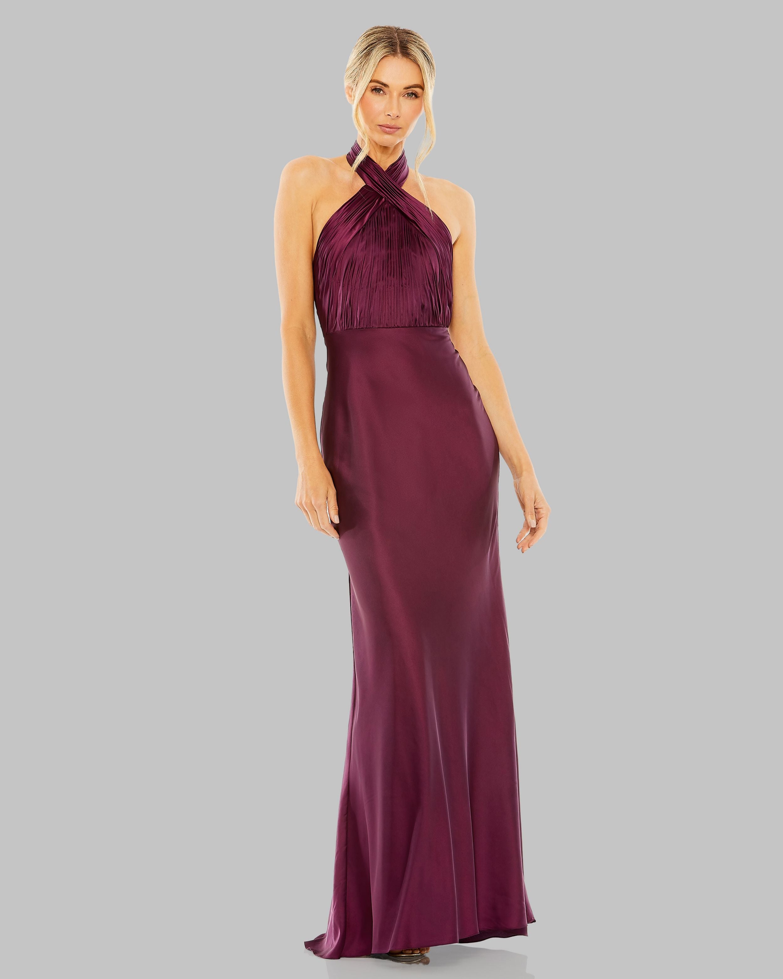 Image of Purple Pleated Halter Neck Satin Gown