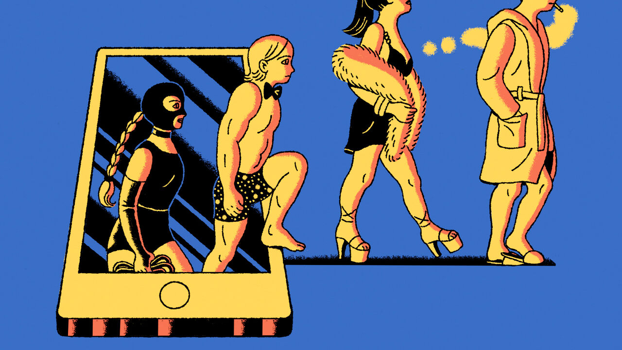 Sex workers coming out of a phone. This is linked to the Sweden ban on OnlyFans and sex work online.