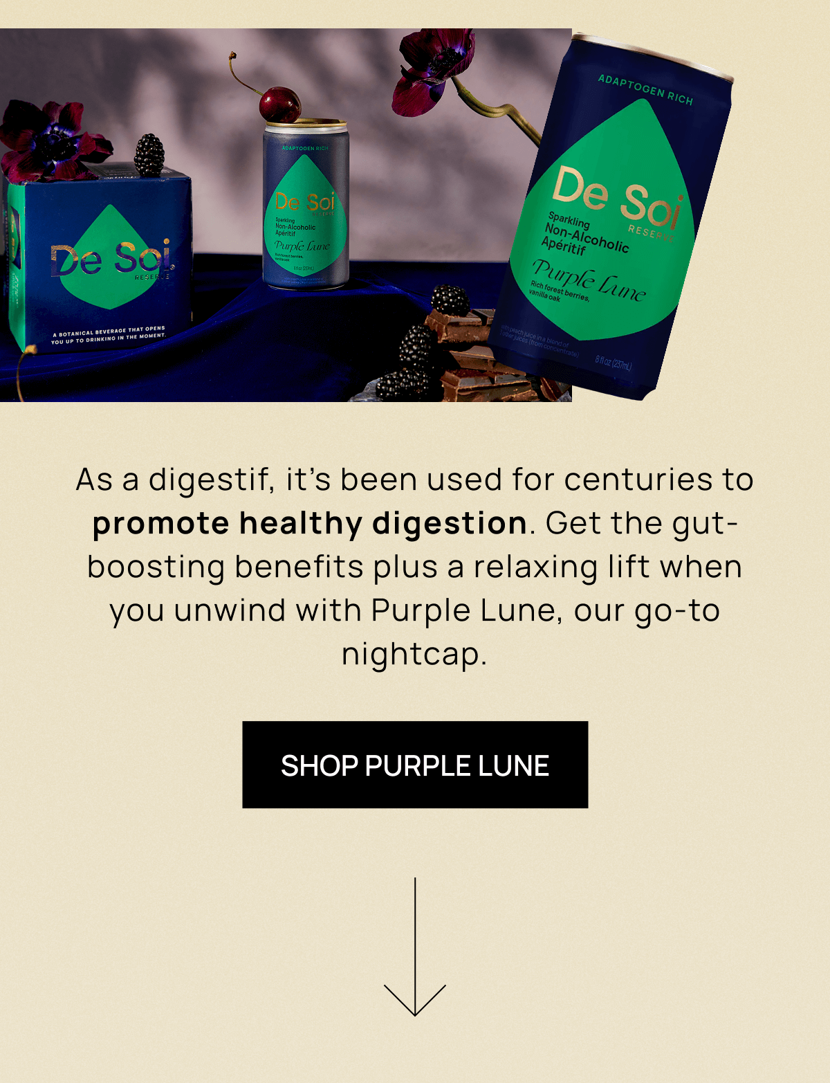 As a digestif, it’s been used for centuries to promote healthy digestion. Get the gut-boosting benefits plus a relaxing lift when you unwind with Purple Lune, our go-to nightcap.  CTA: Shop Purple Lune