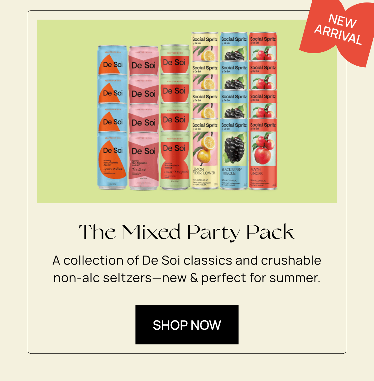 The Mixed Party Pack | A collection of De Soi classics and crushable non-alc seltzers—new & perfect for summer. |  SHOP NOW