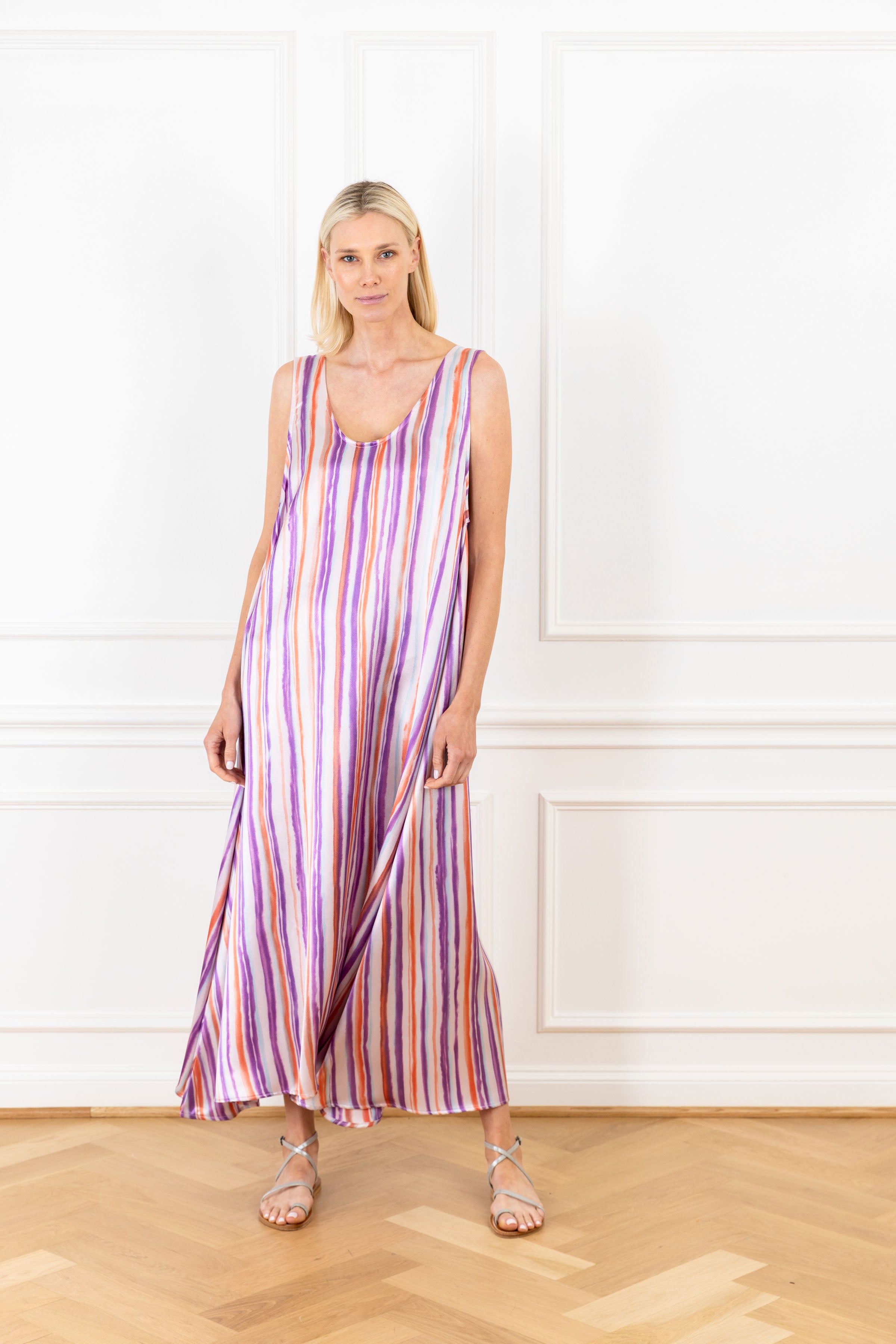 Image of Amethyst Satin Stripe Maxi Swing Dress