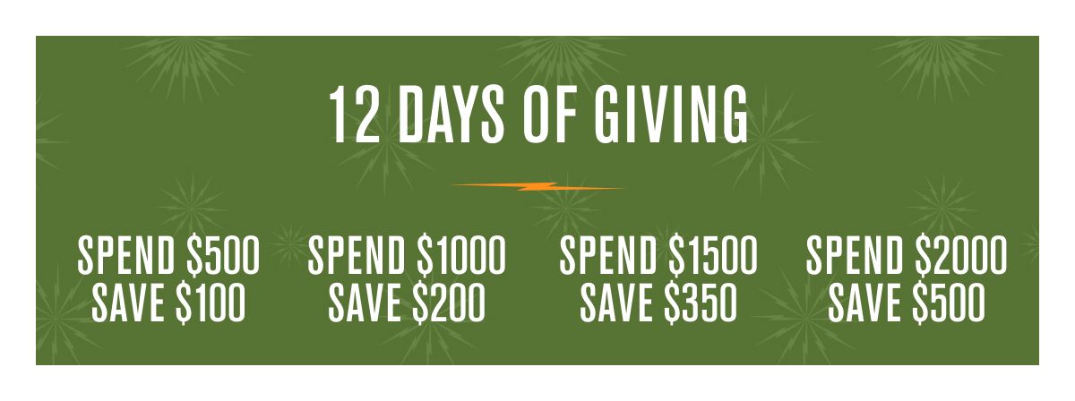 12 DAYS OF GIVING  Spend $500 Save $100  Spend $1000 Save $200  Spend $1500 Save $350  Spend $2000 Save $500