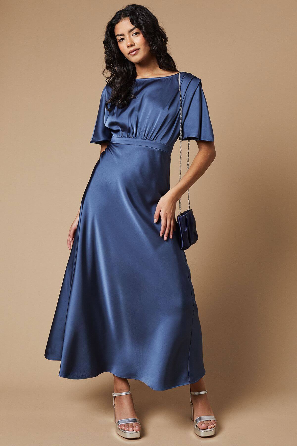 Petite Occasion Satin Pleat Shoulder Midaxi Dress