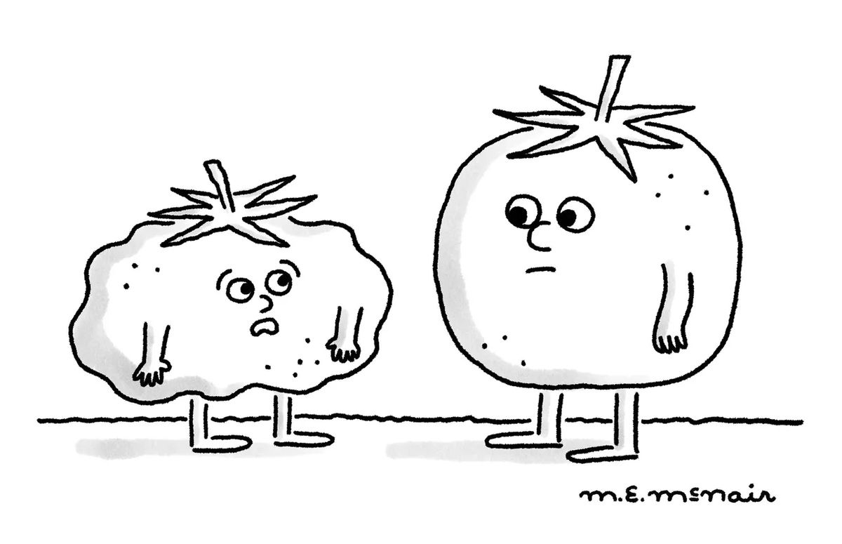 A cartoon showing two tomatoes talking.