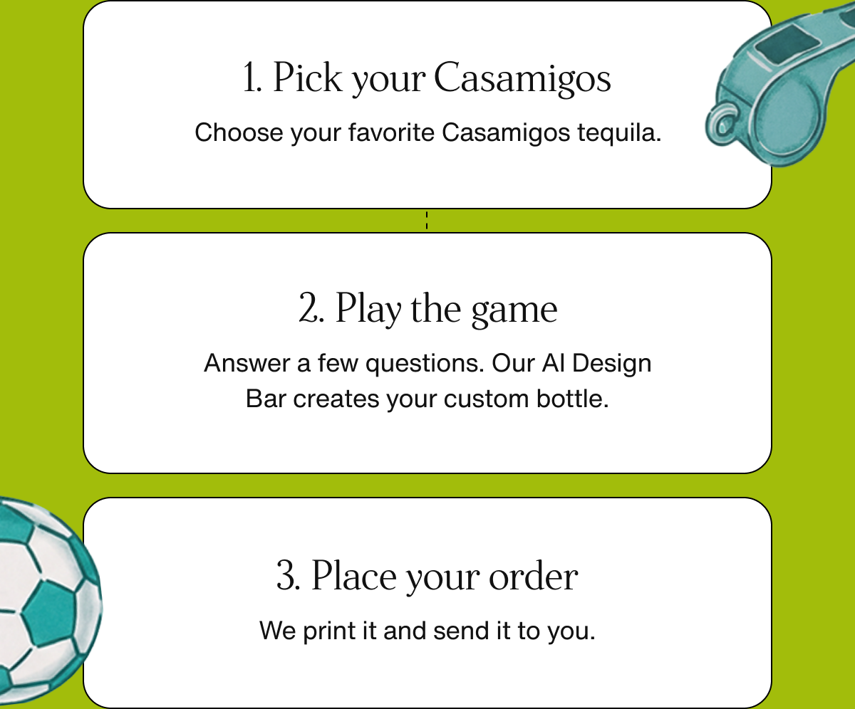 1. Pick your Casamigos  2. Play the game  3. Place your order